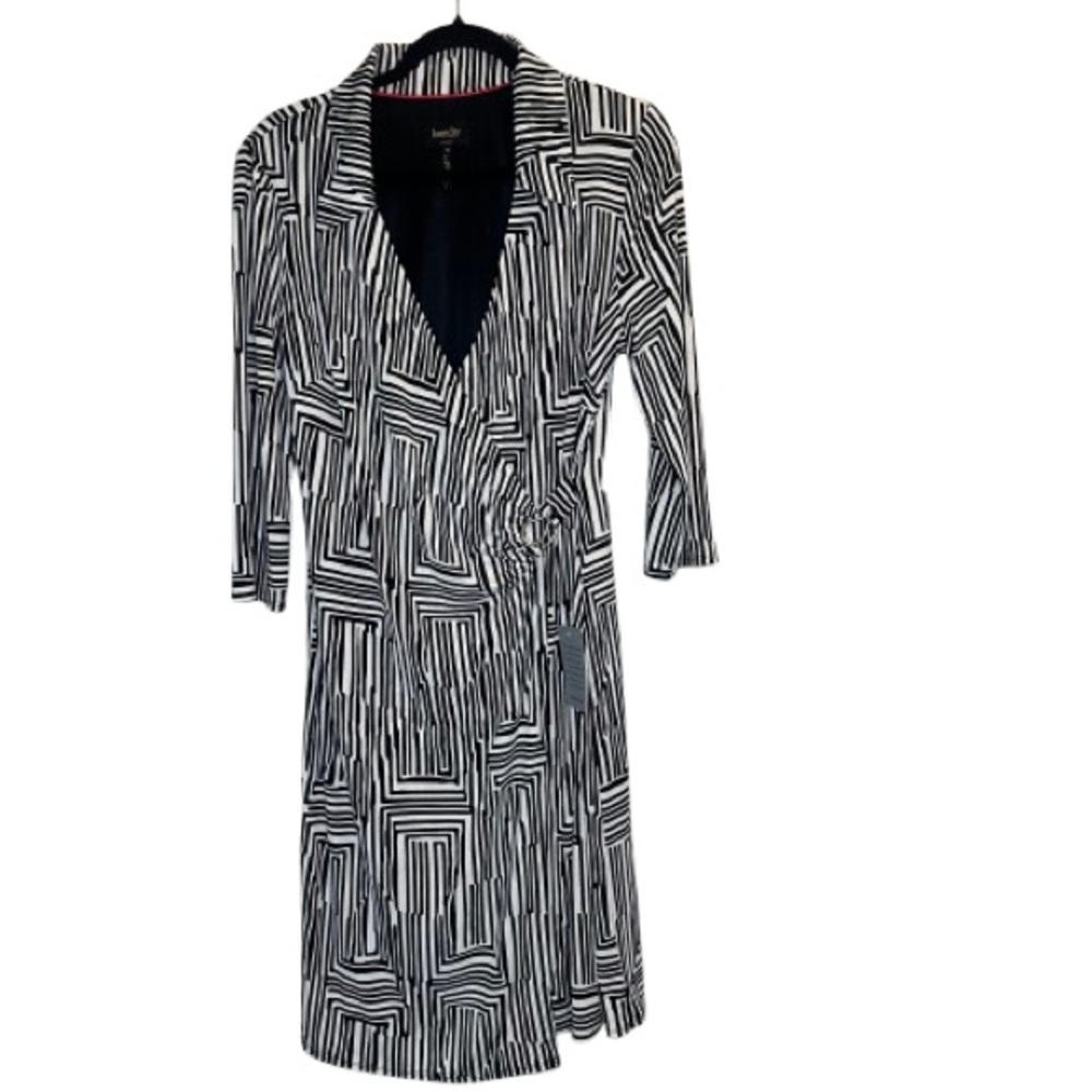 Laundry by Shelli Segal Black /White Geometric Wrap 3/4 Sleeves Dress Sz 12 $138